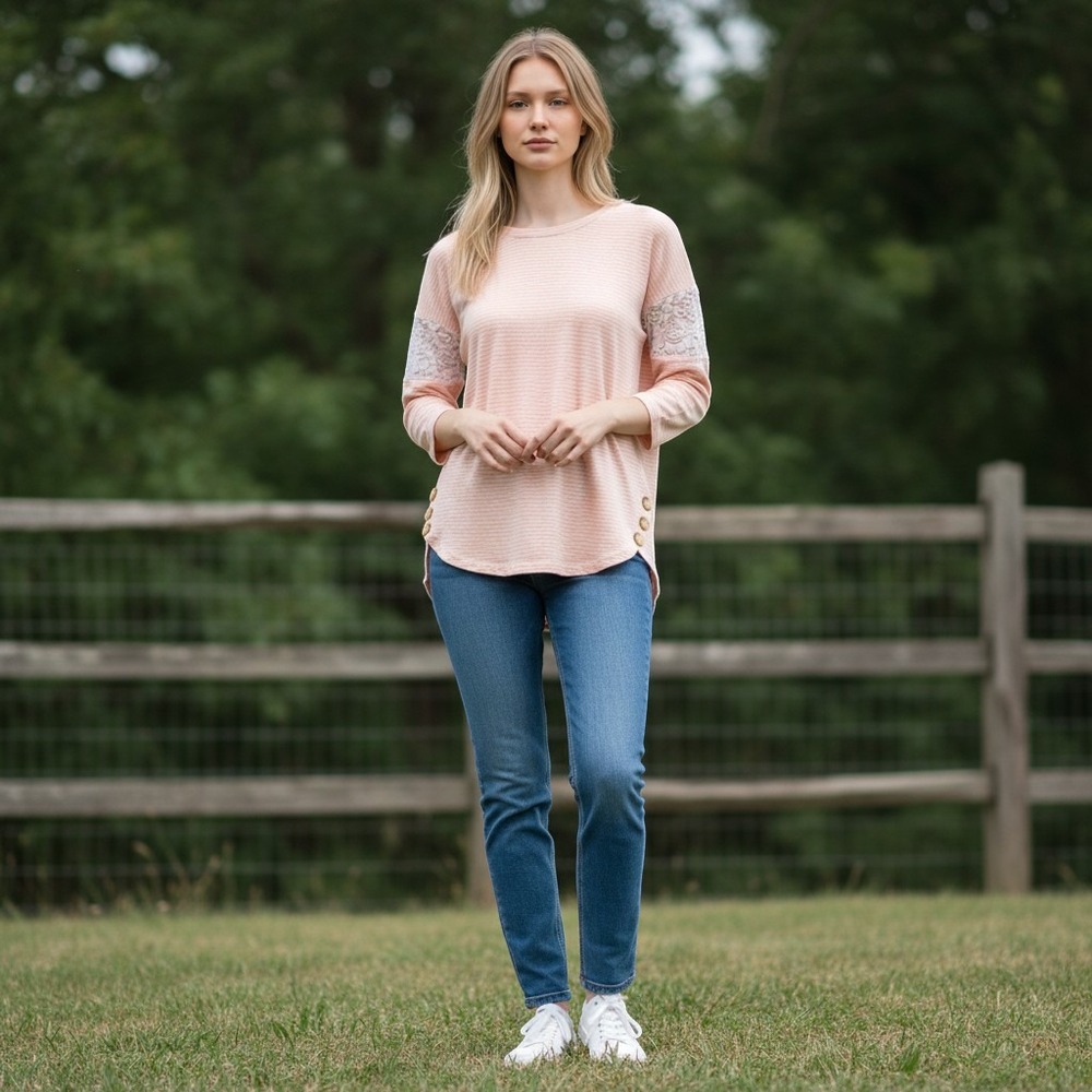 Tint & Shadow Striped Top Womens PS Peach Excellent Lace Detail Side Button